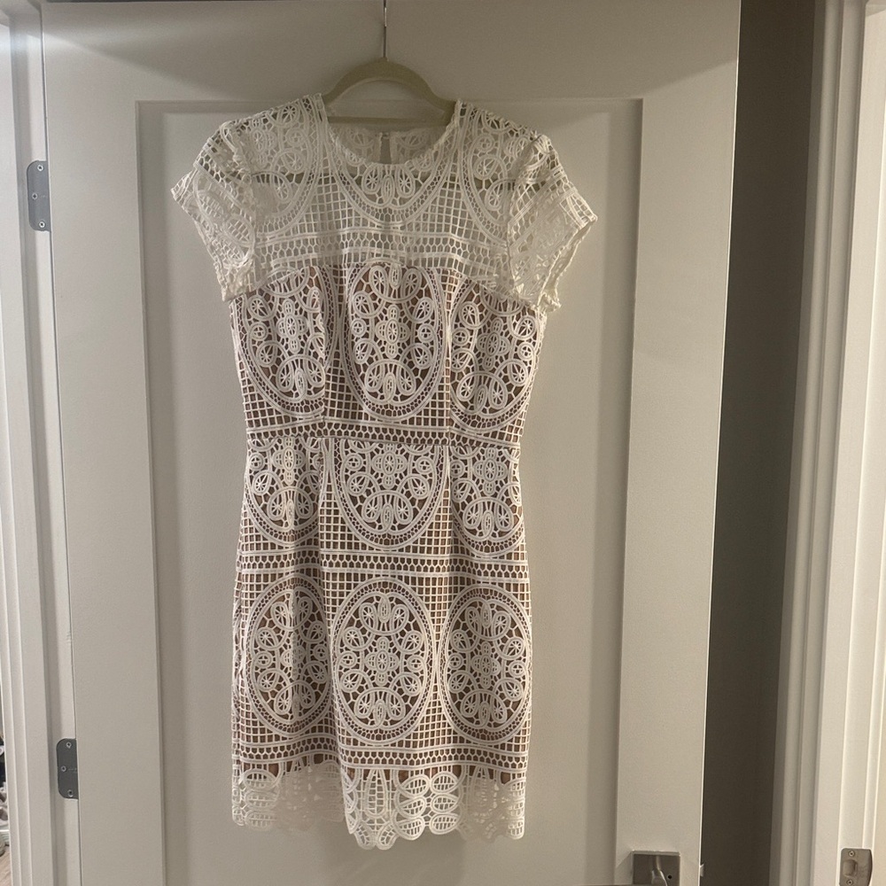 Aijek White Lace Overlay Cap-Sleeve Dress